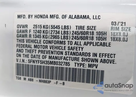 2021 Honda Pilot 2Wd Ex from USA, damaged, VIN 5FNYF5H35MB032785